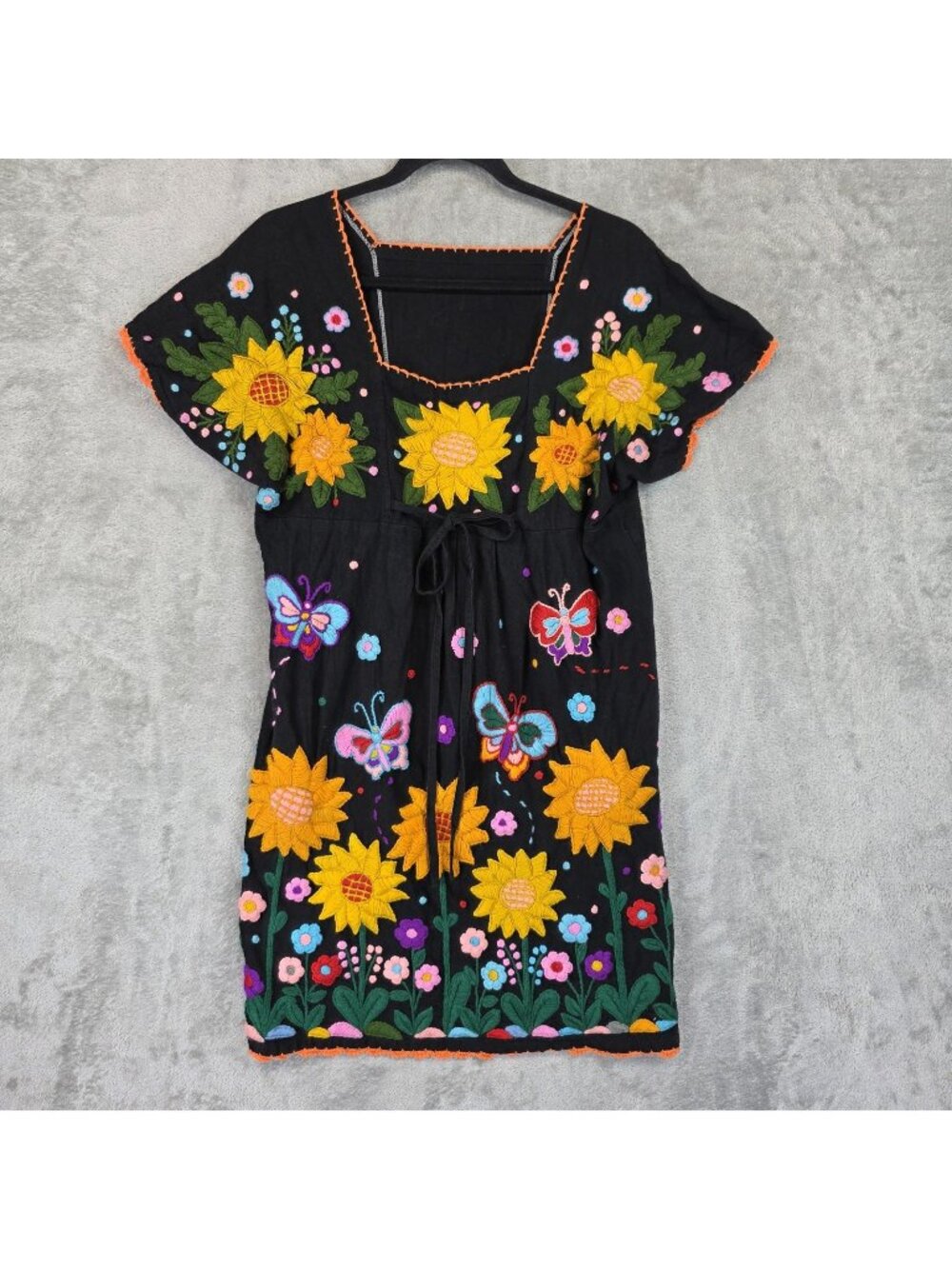 Dress Womens M Multicolor Square Neck Embroidered Sunflower Butterfly Sundress